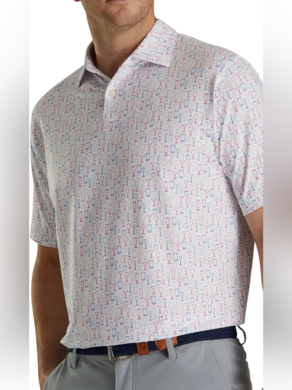 FootJoy White Polo with Red and Blue Key Pattern